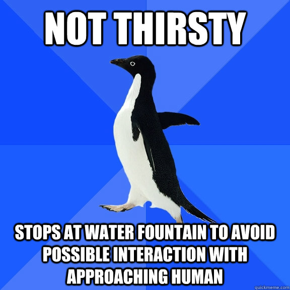 Not thirsty stops at water fountain to avoid possible interaction with approaching human  Socially Awkward Penguin