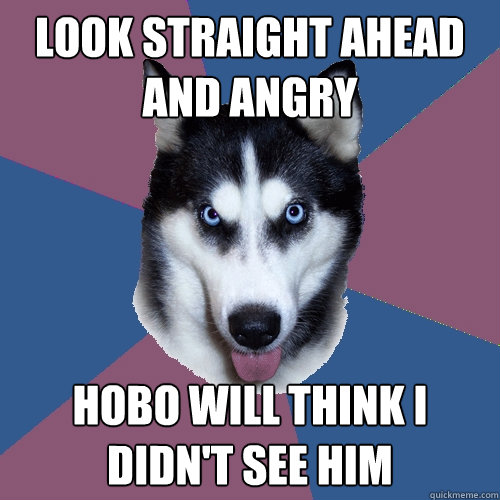 look straight ahead and angry hobo will think i didn't see him - look straight ahead and angry hobo will think i didn't see him  Creeper Canine