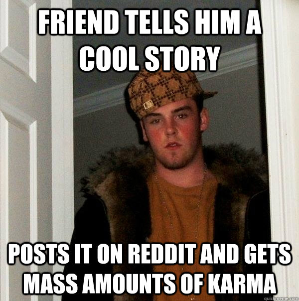 Friend tells him a cool story Posts it on Reddit and gets mass amounts of karma  Scumbag Steve