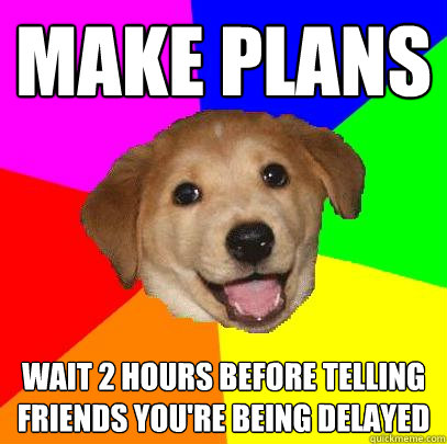 make plans wait 2 hours before telling friends you're being delayed  Advice Dog