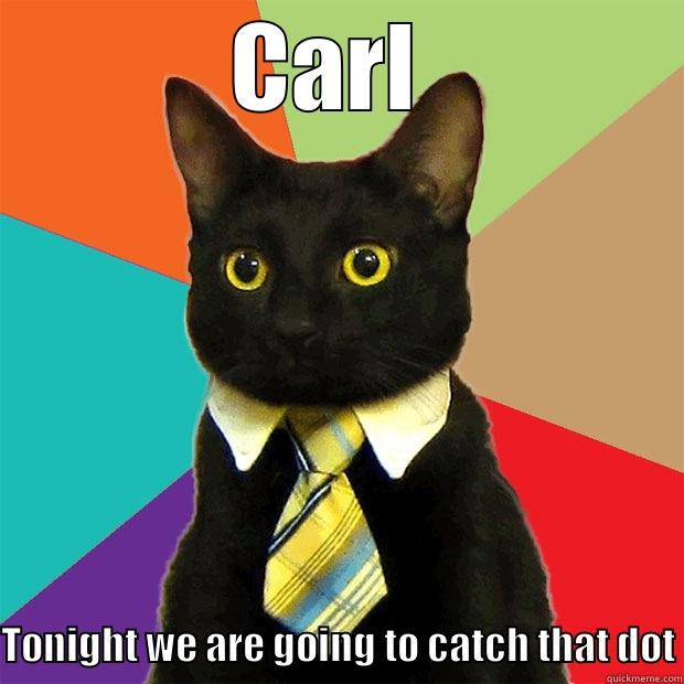 Cat with tie briefing about red dot - CARL  TONIGHT WE ARE GOING TO CATCH THAT DOT Business Cat