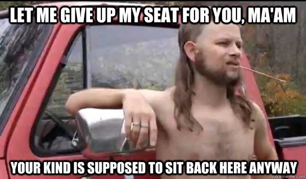 LET ME GIVE UP MY SEAT FOR YOU, MA'AM YOUR KIND IS SUPPOSED TO SIT BACK HERE ANYWAY  Almost Politically Correct Redneck