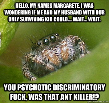 Hello, my names margarete, i was wondering if me and my husband with our only surviving kid could.... wait... WAIT. You psychotic discriminatory fuck, was that ant killer!?  Misunderstood Spider