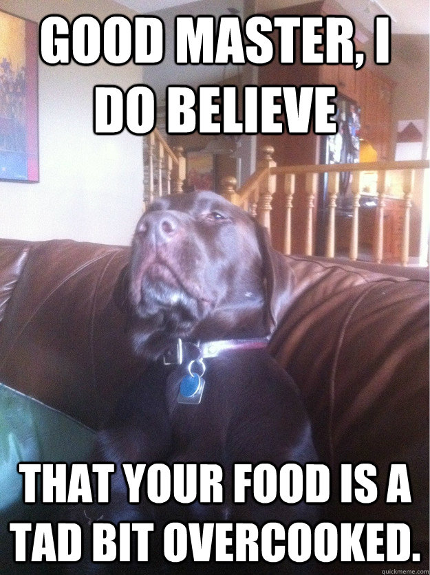 Good master, i do believe that your food is a tad bit overcooked.  Sophisticated Dog