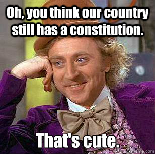 Oh, you think our country still has a constitution. That's cute. - Oh, you think our country still has a constitution. That's cute.  Condescending Wonka