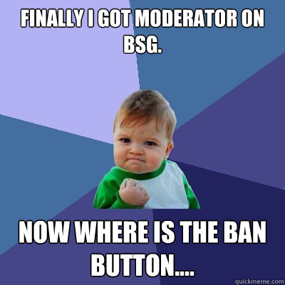 Finally I got moderator on bsg. Now where is the ban button....  Success Kid