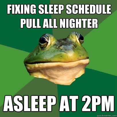 fixing sleep schedule pull all nighter asleep at 2pm  Foul Bachelor Frog