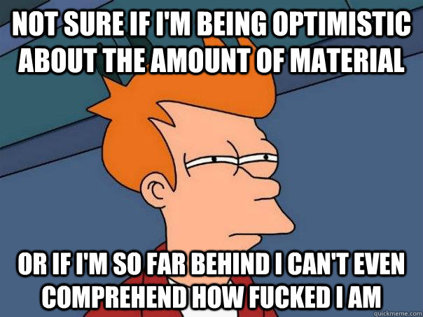 not sure if i'm being optimistic about the amount of material or if i'm so far behind I can't even comprehend how fucked i am  Futurama Fry