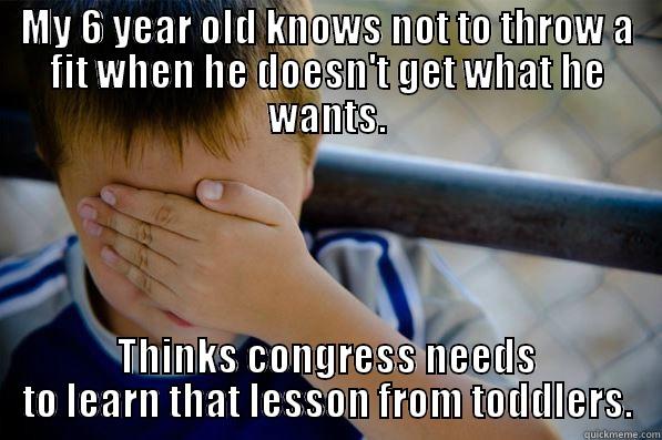 MY 6 YEAR OLD KNOWS NOT TO THROW A FIT WHEN HE DOESN'T GET WHAT HE WANTS. THINKS CONGRESS NEEDS TO LEARN THAT LESSON FROM TODDLERS. Confession kid