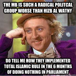 the MB is such a radical politcal group worse than hizb al watny do tell me how they implemented total islamic rule in the 6 months of doing nothing in Parliament   Condescending Wonka