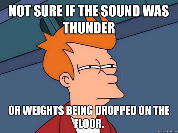 Not sure if the sound was thunder Or weights being dropped on the floor.  Futurama Fry