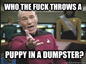 Who the fuck throws a  puppy in a dumpster?  Annoyed Picard