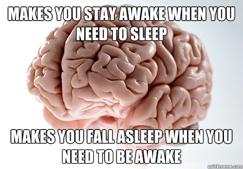 Makes you stay awake when you need to sleep Makes you fall asleep when you need to be awake  Scumbag Brain