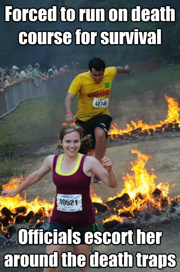 Forced to run on death course for survival Officials escort her around the death traps  Ridiculously Photogenic Girl