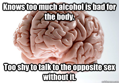 Knows too much alcohol is bad for the body. Too shy to talk to the opposite sex without it.  Scumbag Brain