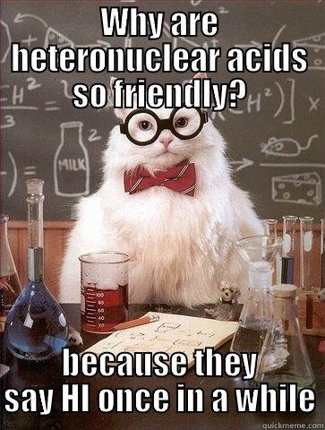 WHY ARE HETERONUCLEAR ACIDS SO FRIENDLY? BECAUSE THEY SAY HI ONCE IN A WHILE Chemistry Cat