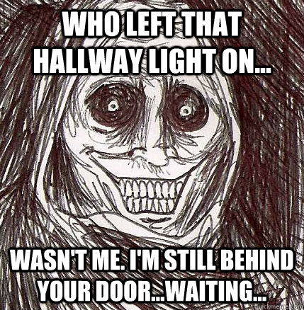 Who left that hallway light on... Wasn't me. I'm still behind your door...waiting...  Horrifying Houseguest