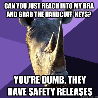 Can you just reach into my bra and grab the handcuff  keys? you're dumb, they have safety releases  Sexually Oblivious Rhino