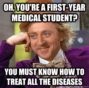 Oh, You're a first-year medical student? You must know how to treat all the diseases  Condescending Wonka