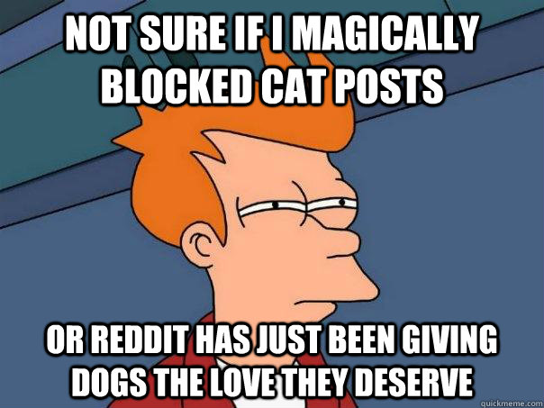 Not sure if I magically blocked cat posts Or reddit has just been giving dogs the love they deserve  Futurama Fry