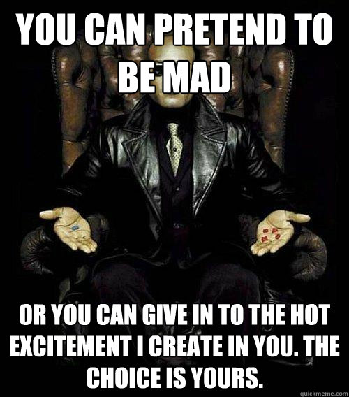 you can pretend to be mad or you can give in to the hot excitement i create in you. the choice is yours.  Morpheus