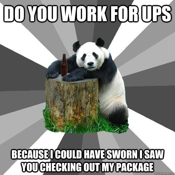 DO YOU WORK FOR UPS BECAUSE I COULD HAVE SWORN I SAW YOU CHECKING OUT MY PACKAGE - DO YOU WORK FOR UPS BECAUSE I COULD HAVE SWORN I SAW YOU CHECKING OUT MY PACKAGE  Pickup-Line Panda