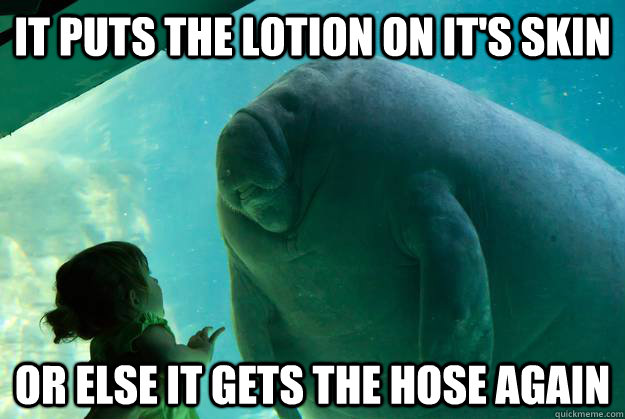 It puts the lotion on it's skin or else it gets the hose again - It puts the lotion on it's skin or else it gets the hose again  Overlord Manatee