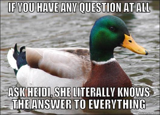 IF YOU HAVE ANY QUESTION AT ALL ASK HEIDI, SHE LITERALLY KNOWS THE ANSWER TO EVERYTHING Actual Advice Mallard