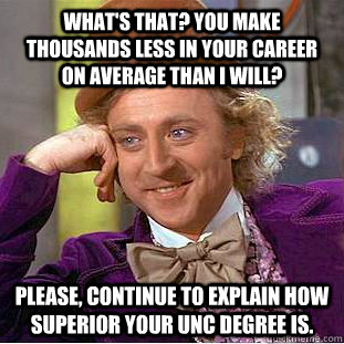 What's that? You make thousands less in your career on average than I will? Please, continue to explain how superior your UNC degree is.  Creepy Wonka