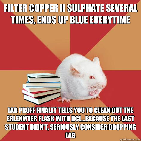 Filter copper ii Sulphate several times, ends up blue everytime Lab proff finally tells you to clean out the erlenmyer flask with HCl...because the last student didn't, seriously consider dropping lab  Science Major Mouse