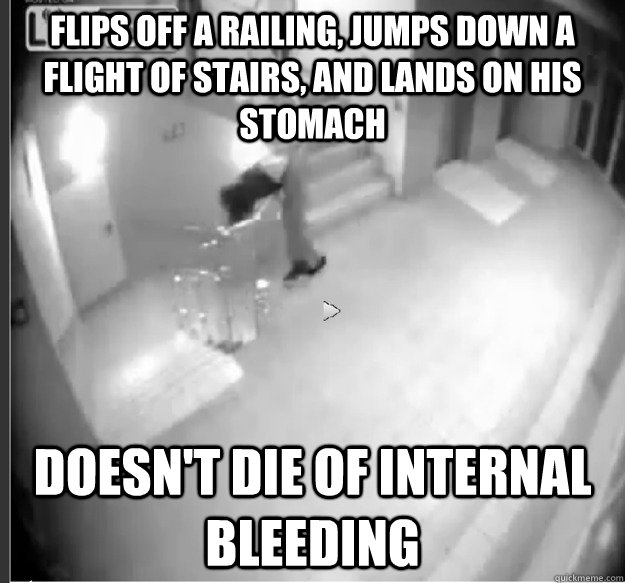 Flips off a railing, jumps down a flight of stairs, and lands on his stomach Doesn't die of internal bleeding - Flips off a railing, jumps down a flight of stairs, and lands on his stomach Doesn't die of internal bleeding  Stair flip steve