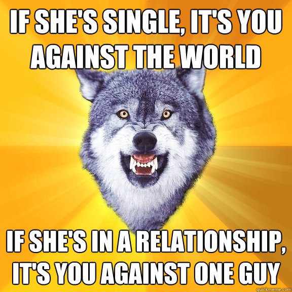 If she's single, it's you against the world If she's in a relationship, it's you against one guy  Courage Wolf