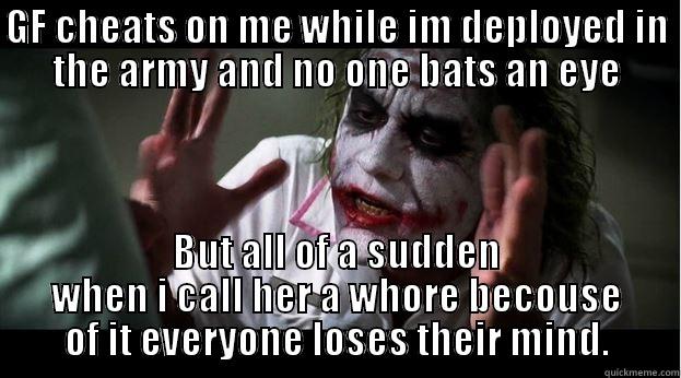 Suddenly im the bad guy here - GF CHEATS ON ME WHILE IM DEPLOYED IN THE ARMY AND NO ONE BATS AN EYE BUT ALL OF A SUDDEN WHEN I CALL HER A WHORE BECOUSE OF IT EVERYONE LOSES THEIR MIND. Joker Mind Loss