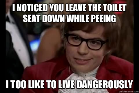 I noticed you leave the toilet seat down while peeing i too like to live dangerously  Dangerously - Austin Powers