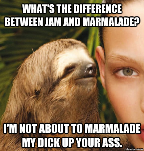 What's the difference between jam and marmalade? I'm not about to marmalade my dick up your ass.  rape sloth