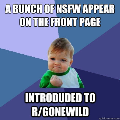 A bunch of NSFW appear on the front page Introduded to r/gonewild  Success Kid