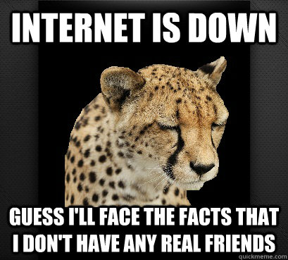 internet is down guess i'll face the facts that i don't have any real friends  Defeated Cheetah