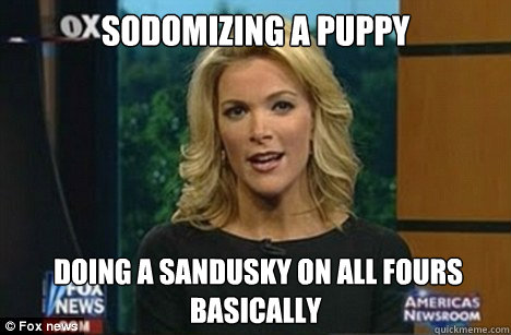 sodomizing a puppy  doing a sandusky on all fours basically
  Megyn Kelly