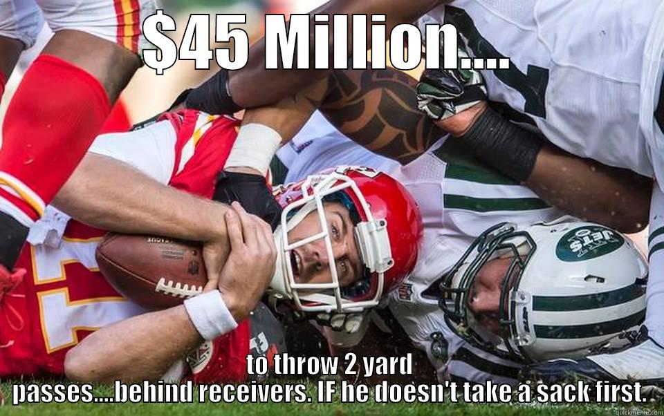 $45 MILLION.... TO THROW 2 YARD PASSES....BEHIND RECEIVERS. IF HE DOESN'T TAKE A SACK FIRST. Misc