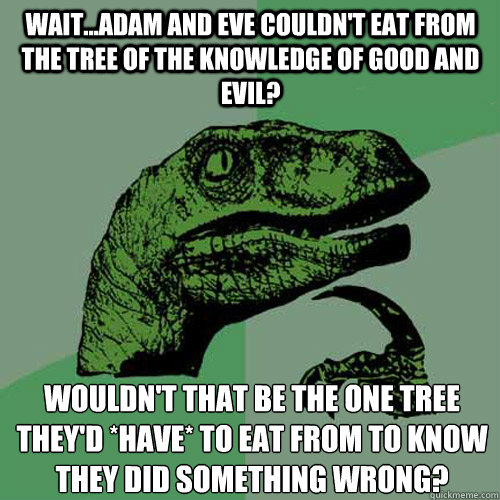 wait...adam and eve couldn't eat from the tree of the knowledge of good and evil? wouldn't that be the one tree they'd *have* to eat from to know they did something wrong?
  Philosoraptor