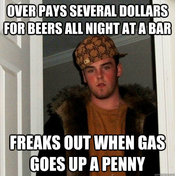 Over pays several dollars for beers all night at a bar Freaks out when gas goes up a penny - Over pays several dollars for beers all night at a bar Freaks out when gas goes up a penny  Scumbag Steve