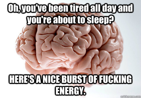 Oh, you've been tired all day and you're about to sleep? HERE'S A NICE BURST OF FUCKING ENERGY.   Scumbag Brain