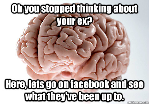 Oh you stopped thinking about your ex? Here, lets go on facebook and see what they've been up to.  - Oh you stopped thinking about your ex? Here, lets go on facebook and see what they've been up to.   Scumbag Brain