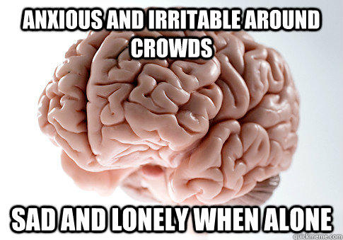 ANXIOUS AND IRRITABLE AROUND CROWDS SAD AND LONELY WHEN ALONE   