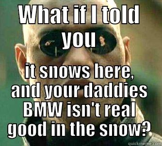 What if it snowed? - WHAT IF I TOLD YOU IT SNOWS HERE, AND YOUR DADDIES BMW ISN'T REAL GOOD IN THE SNOW? Matrix Morpheus