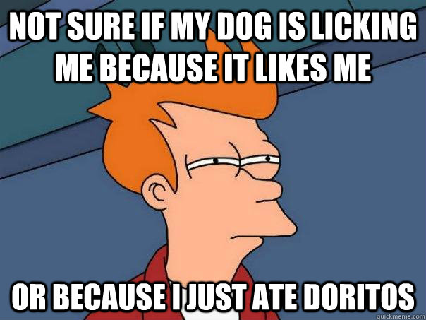 Not sure if my dog is licking me because it likes me Or because i just ate Doritos   Futurama Fry