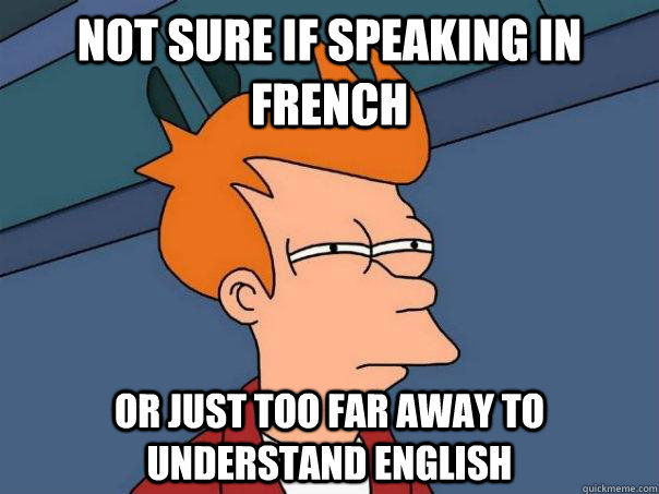 Not sure if speaking in French Or just too far away to understand English  Futurama Fry