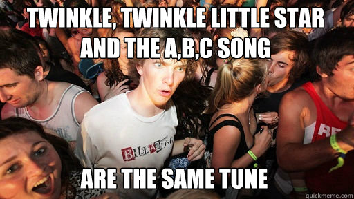 twinkle, twinkle little star and the a,b,c song are the same tune  Sudden Clarity Clarence