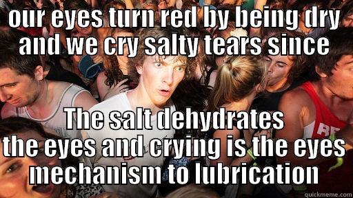 OUR EYES TURN RED BY BEING DRY AND WE CRY SALTY TEARS SINCE THE SALT DEHYDRATES THE EYES AND CRYING IS THE EYES MECHANISM TO LUBRICATION Sudden Clarity Clarence