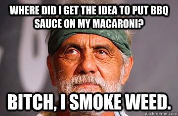 where did i get the idea to put bbq sauce on my macaroni? Bitch, i smoke weed. - where did i get the idea to put bbq sauce on my macaroni? Bitch, i smoke weed.  Unimpressed Stoner